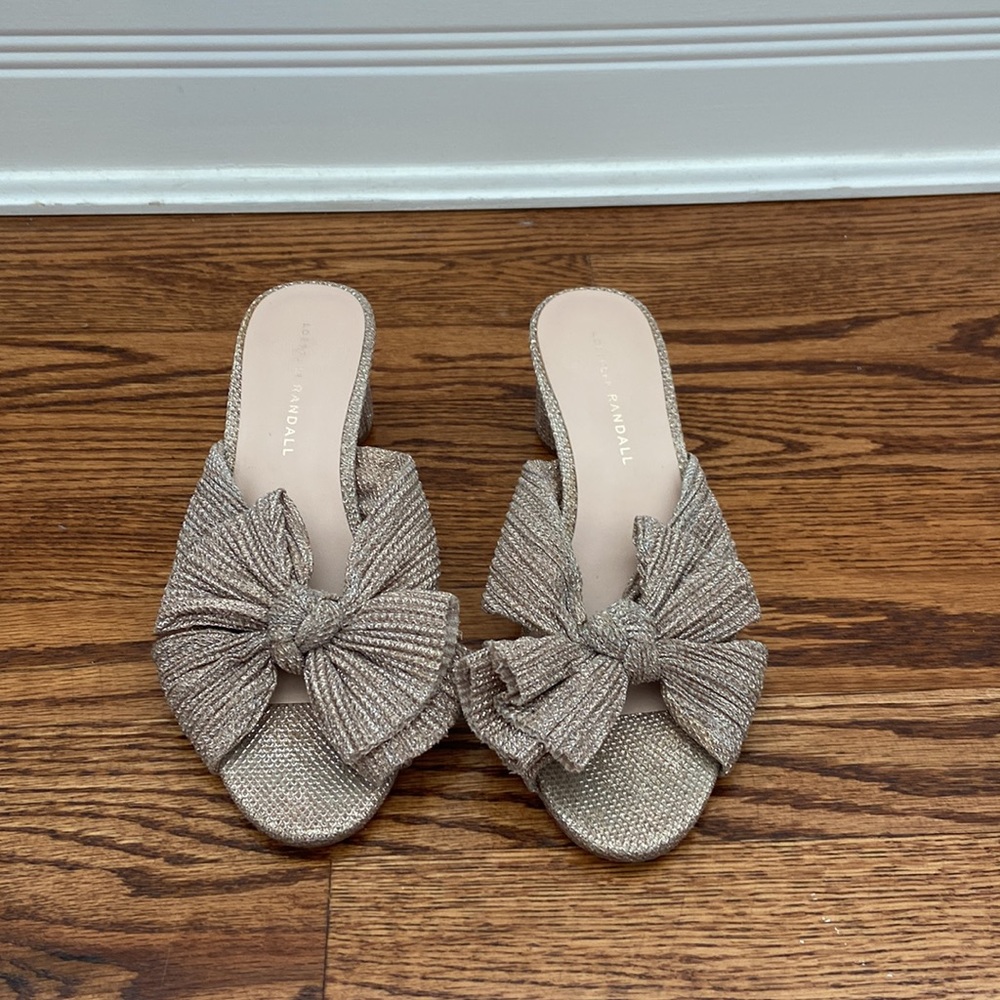 Gold slide Loeffler Sandal, size 7.5  worn but great condition